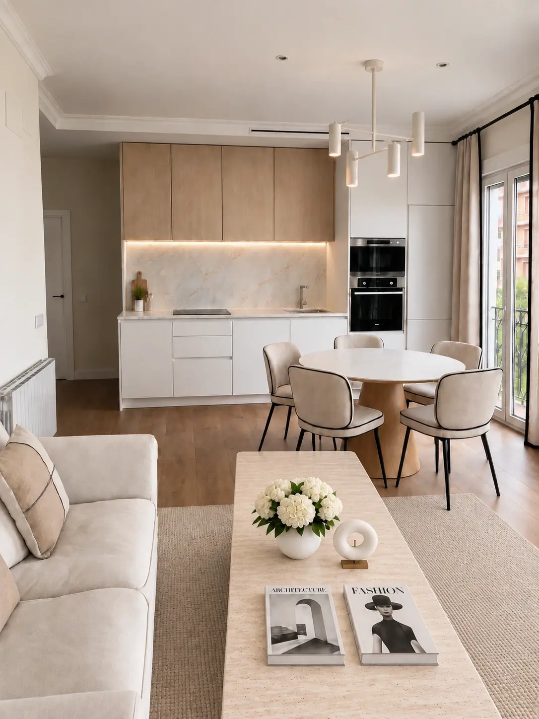 Cocina, comedor y salón en Madrid centro con mesa muy alargada y alta de travertino, sin patas visibles y prolongada fuera del encuadre