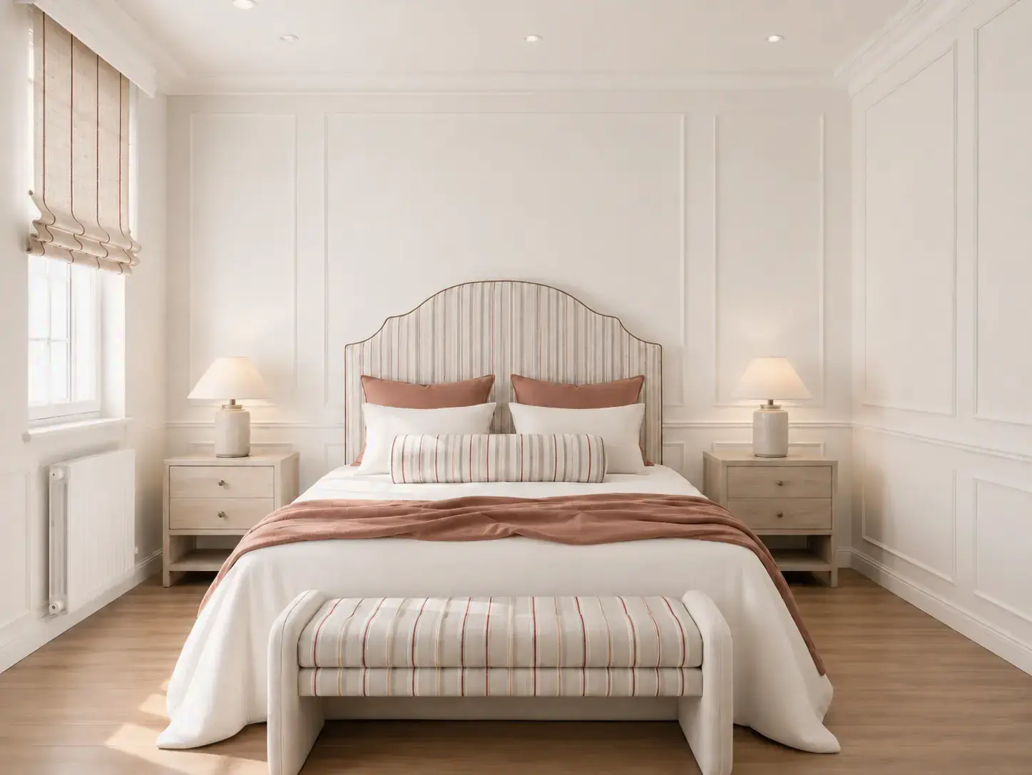 Dormitorio con molduras y textiles en tonos suaves en Madrid centro