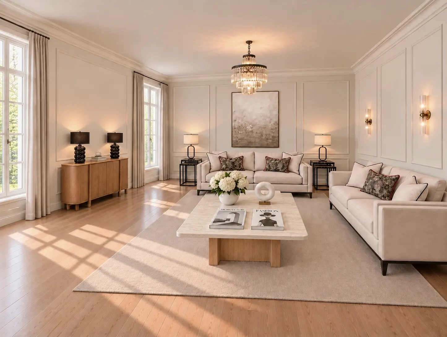 Salón contemporáneo en Madrid centro con dos ventanas, amplio paño central, aparador de madera y mesa de centro ancha con tapa de travertino