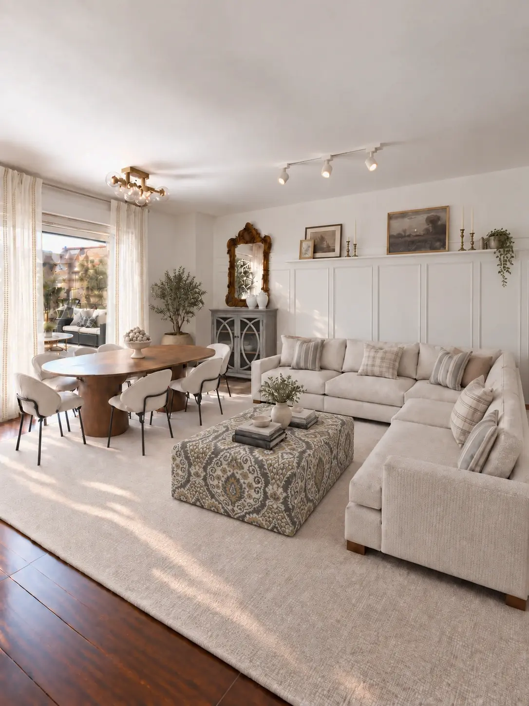 Salón comedor de una vivienda en Marqués de Valdavia con vitrina gris, otomana estampada y cortinas de trama vertical