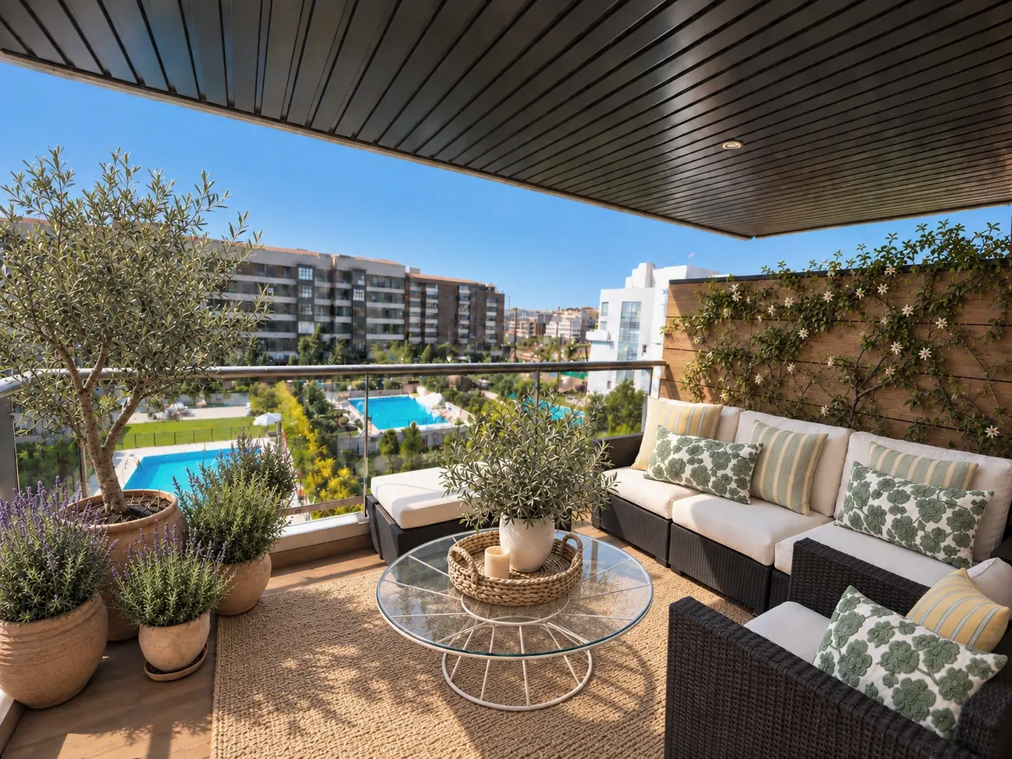 Terraza cubierta de una vivienda en Marqués de Valdavia con alfombra de yute, olivo, romero y lavanda