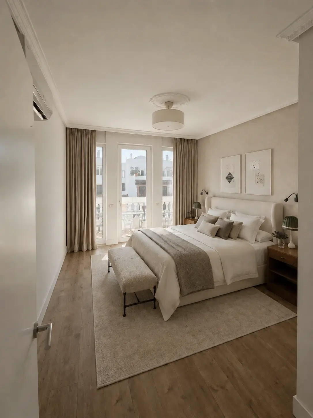 Dormitorio luminoso en tonos neutros de una vivienda en la calle Velázquez