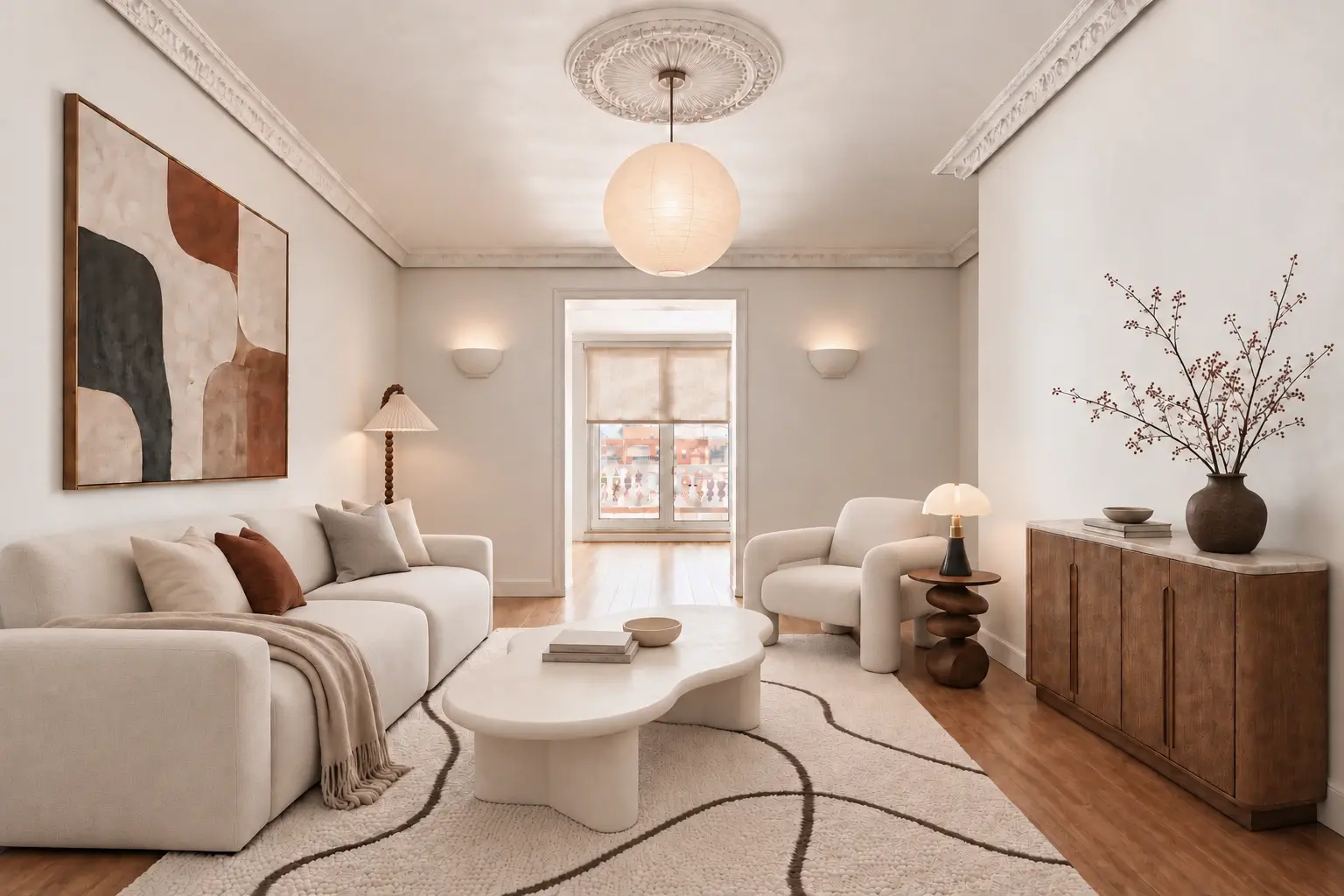 Salón principal de una vivienda en la calle Velázquez con molduras, sofá blanco y mobiliario en madera